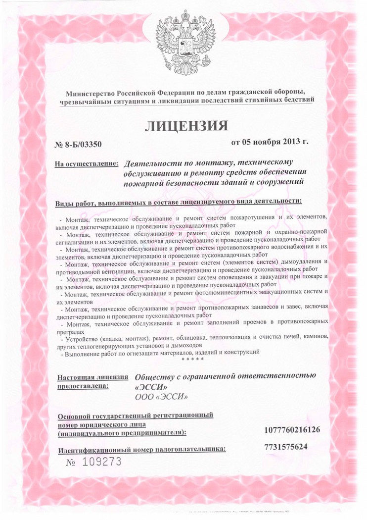 A new license of EMERCOM, Russian Federation (Performance of installation, repair and technical servicing concerning supportive tools for fire safety of buildings and constructions).